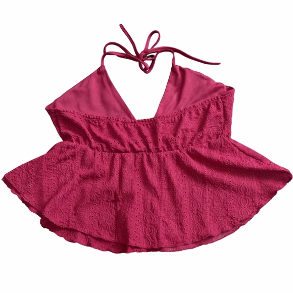 Women's Red Halter Top Crochet Like Details Tie Neck Babydoll Size Small - Picture 3 of 5